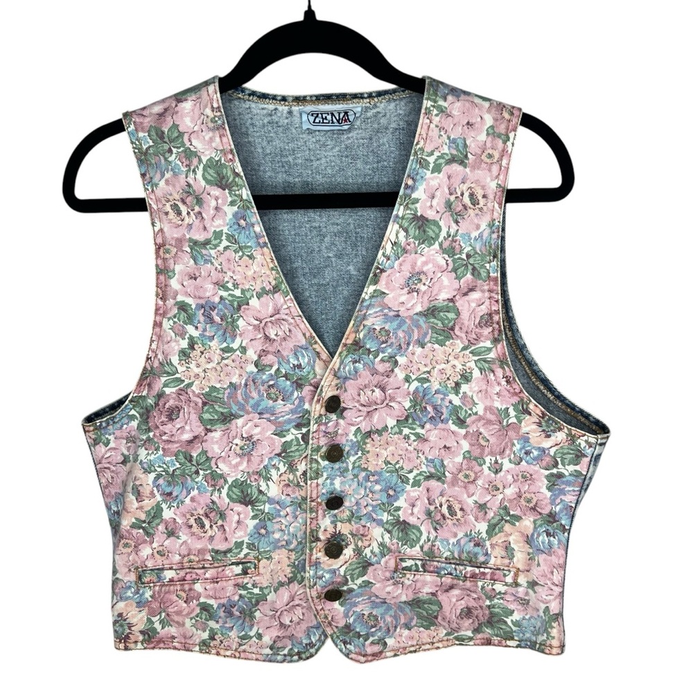 Vintage Floral Vest with Pink and Blue Accents